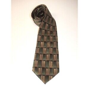 Mazzoni Mens Necktie All Silk Hand Made Geometric Green Brown 4" x  61"  Vintage